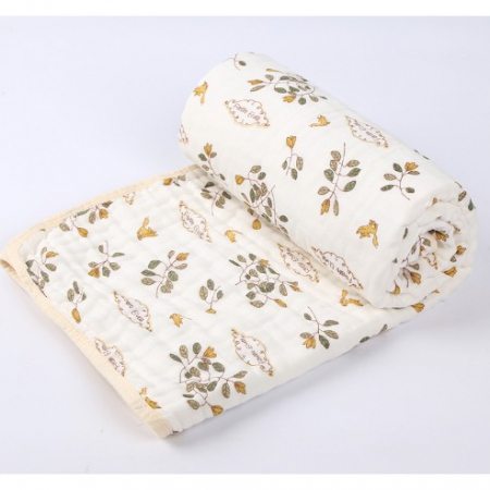 Import - Prosop de baie din bumbac si tifon pentru Bebelusi, Flippy, cu Sase Straturi, pentru Copii, 110x110 cm, Model Frunze, Bej Galben