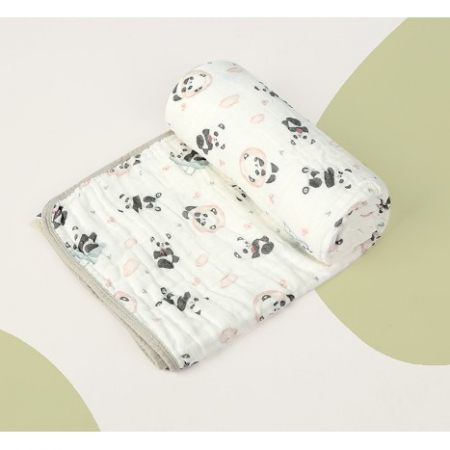 Import - Prosop de baie din bumbac si tifon pentru Bebelusi, Flippy, cu Sase Straturi, pentru Copii, 110x110 cm, Model Panda, Bej Verde