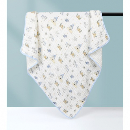 Import - Prosop de baie din bumbac si tifon pentru Bebelusi, Flippy, cu Sase Straturi, pentru Copii, 110x110 cm, Model Unicorni, Bej Albastru