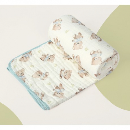 Import - Prosop de baie din bumbac si tifon pentru Bebelusi, Flippy, cu Sase Straturi, pentru Copii, 110x110 cm, Model Ursuleti, Bej Albastru