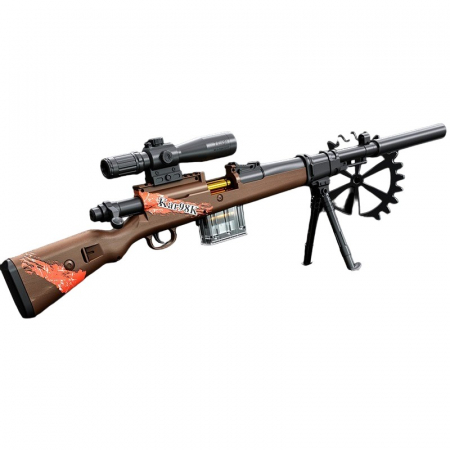 Arme de jucarie - Lichidare Pusca de Jucarie 98K Ultrarealista, Flippy, Manuala, cu Luneta, 10 de Proiectile din Spuma Moale, 5 Cartuse, 103 cm, 14 ani+, Maro