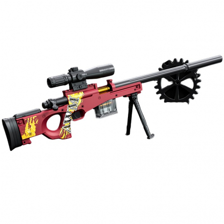 Jucarii, Copii & Bebe - Pusca de Jucarie AWM Ultrarealista, Flippy, Manuala, cu Luneta, 10 de Proiectile din Spuma Moale, 5 Cartuse, 106 cm, 14 ani+, Rosu