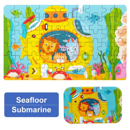 Puzzle 60 de Piese din Lemn in Cutie Metalica, Flippy, Model Submarin, Educativ, Dezvoltare Abilitati Cognitive, pentru Prescolari, 22.5x13.5 cm, Multicolor [7]