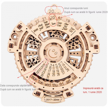 Puzzle Calendar 3D, Mechanical Gear Model Asamblat, 2017-2044, 21 Piese, Lemn [1]