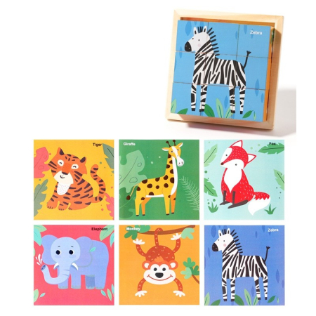 Jucarii, Copii & Bebe - Puzzle din Lemn, Flippy, 9 Cuburi, 6 Fete, 4-6 Ani, 11 x 11 x 3.2 cm, Model Animale Salbatice, Multicolor