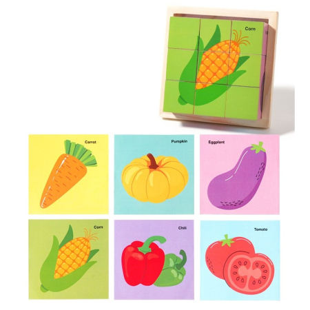 Jucarii, Copii & Bebe - Puzzle din Lemn, Flippy, 9 Cuburi, 6 Fete, 4-6 Ani, 11 x 11 x 3.2 cm, Model Legume, Multicolor