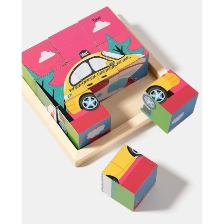 Puzzle din Lemn, Flippy, 9 Cuburi, 6 Fete, 4-6 Ani, 11 x 11 x 3.2 cm, Model Masini, Multicolor [2]