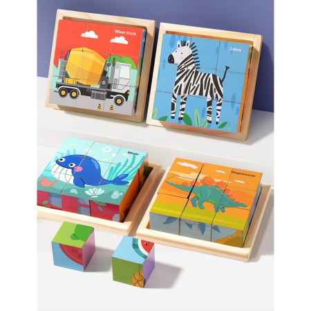 Puzzle din Lemn, Flippy, 9 Cuburi, 6 Fete, 4-6 Ani, 11 x 11 x 3.2 cm, Model Utilaje, Multicolor [2]