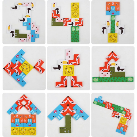 Puzzle din Lemn Flippy, Tip Tetris, +4 Ani, cu Animale Colorate 3D, 40 Piese, Multicolor [1]