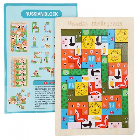 Jucarii, Copii & Bebe - Puzzle din Lemn Flippy, Tip Tetris, +4 Ani, cu Animale Colorate 3D, 40 Piese, Multicolor
