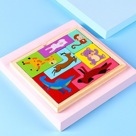 Jucarii, Copii & Bebe - Puzzle din Lemn Flippy, Tip Tetris, +4 Ani, cu Animale Colorate 3D, 7 Piese, Multicolor