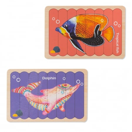 Jucarii, Copii & Bebe - Puzzle educativ din lemn cu 2 fete, Delfin Peste, 22 x 14 cm, 8 piese, denumire lb. engleza