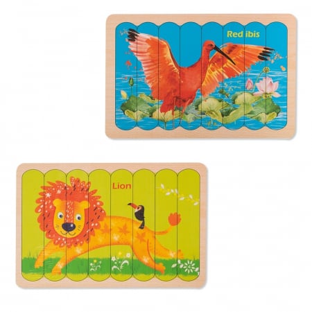 Jucarii, Copii & Bebe - Puzzle educativ din lemn cu 2 fete, Pasare si Leu, 22 x 14 cm, 8 piese, denumire lb. engleza