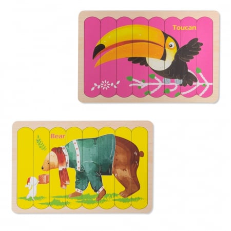 Jucarii, Copii & Bebe - Puzzle educativ din lemn cu 2 fete, Pasare Tucan si Urs, 22 x 14 cm, 8 piese, denumire lb. engleza