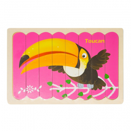 Lichidare Puzzle educativ din lemn cu 2 fete, Pasare Tucan si Urs, 22 x 14 cm, 8 piese, denumire lb. engleza [1]