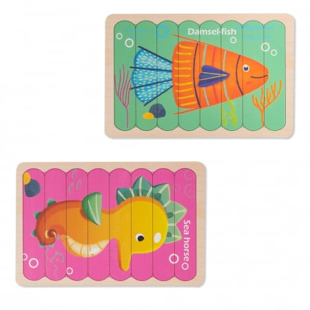Jucarii, Copii & Bebe - Puzzle educativ din lemn cu 2 fete, Pesti, 22 x 14 cm, 8 piese, denumire lb. engleza