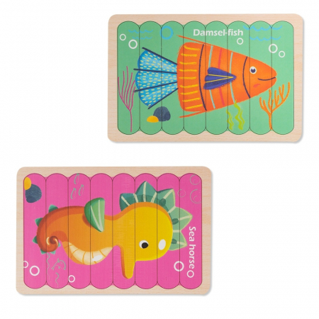 Jucarii, Copii & Bebe - Lichidare Puzzle educativ din lemn cu 2 fete, Pesti, 22 x 14 cm, 8 piese, denumire lb. engleza