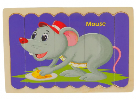 Puzzle educativ din lemn cu 2 fete, Soricel si Tigru, 22 x 14 cm, 8 piese, denumire lb. engleza [2]