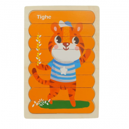 Puzzle educativ din lemn cu 2 fete, Soricel si Tigru, 22 x 14 cm, 8 piese, denumire lb. engleza [1]