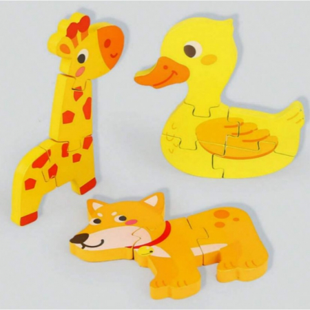 Puzzle Montessori din Lemn pentru Copii, Flippy, 3D, 0-3 Ani, Model Catel, Educativ, Intuitiv, Creativ, 3 Piese, 15x15x0.5 cm, Multicolor [9]