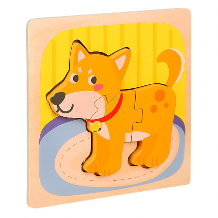 Jucarii, Copii & Bebe - Puzzle Montessori din Lemn pentru Copii, Flippy, 3D, 0-3 Ani, Model Catel, Educativ, Intuitiv, Creativ, 3 Piese, 15x15x0.5 cm, Multicolor