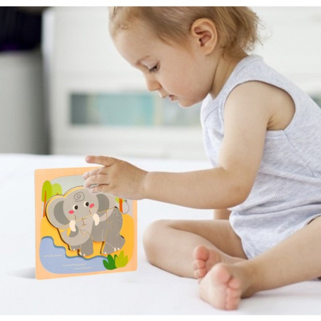 Puzzle Montessori din Lemn pentru Copii, Flippy, 3D, 0-3 Ani, Model Elefant, Educativ, Intuitiv, Creativ, 4 Piese, 15x15x0.5 cm, Multicolor [4]
