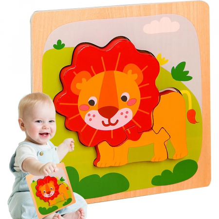 Puzzle Montessori din Lemn pentru Copii, Flippy, 3D, 0-3 Ani, Model Leu, Educativ, Intuitiv, Creativ, 3 Piese, 15x15x0.5 cm, Multicolor [4]