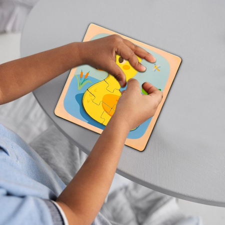 Lichidare Puzzle Montessori din Lemn pentru Copii, Flippy, 3D, 0-3 Ani, Model Ratusca, Educativ, Intuitiv, Creativ, 5 Piese, 15x15x0.5 cm, Multicolor [2]