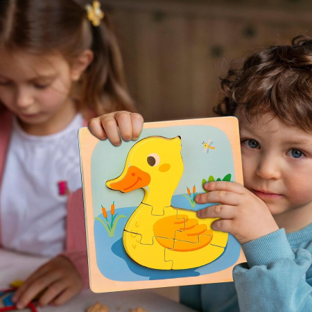 Lichidare Puzzle Montessori din Lemn pentru Copii, Flippy, 3D, 0-3 Ani, Model Ratusca, Educativ, Intuitiv, Creativ, 5 Piese, 15x15x0.5 cm, Multicolor [8]