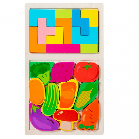 Jucarii, Copii & Bebe - Puzzle Montessori din Lemn pentru Copii, Flippy, Tip Tetris 2in1 +3 Ani, cu Legume Colorate 3D, Educativ, Intuitiv, Creativ, 21 de Piese, 28.5x17x1.2 cm, Multicolor