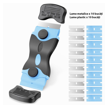 Racleta Multifunctionala pentru Curatare Sticla si Ceramica, Flippy, Design Ergonomic, Maner Anti-alunecare, Include 20 de Lame de Schimb, 12,5 x 4,5 cm, Albastru [1]