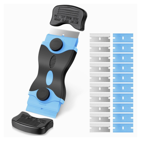 Pentru Casa si Camping - Racleta Multifunctionala pentru Curatare Sticla si Ceramica, Flippy, Design Ergonomic, Maner Anti-alunecare, Include 20 de Lame de Schimb, 12,5 x 4,5 cm, Albastru