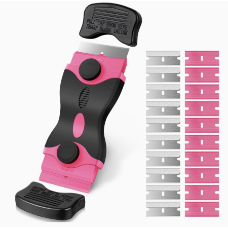 Pentru Casa si Camping - Racleta Multifunctionala pentru Curatare Sticla si Ceramica, Flippy, Design Ergonomic, Maner Anti-alunecare, Include 20 de Lame de Schimb, 12,5 x 4,5 cm, Roz