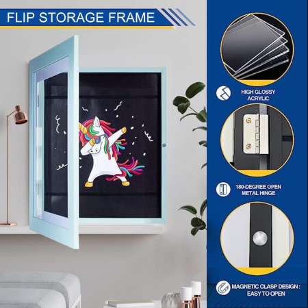 Rama Foto Flippy, cu Magnet, din Lemn, cu Spatiu Pentru Depozitare, Pentru Desene si Picturi A4, Sticla Securizata, Rama MDF, 21x30 cm, Albastru [9]