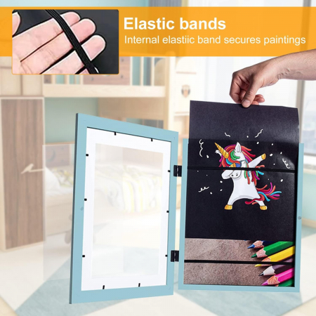 Rama Foto Flippy, cu Magnet, din Lemn, cu Spatiu Pentru Depozitare, Pentru Desene si Picturi A4, Sticla Securizata, Rama MDF, 21x30 cm, Albastru [3]