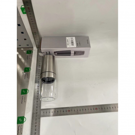 Rasnita Electrica Sare si Piper, Flippy, cu Camera Depozitare Transparenta, Macinare, Functionare pe Baterii, cu Lumina, ABS, 20x6.5 cm, Argintiu/Transparent [1]
