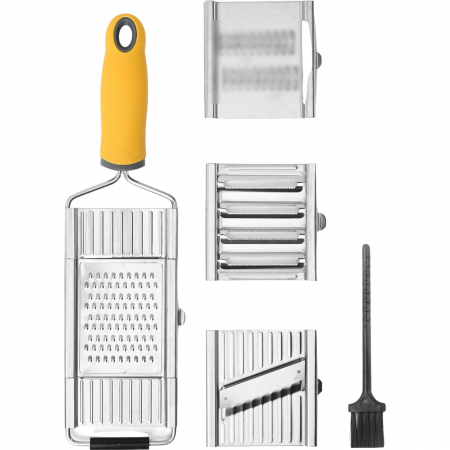 Pentru Casa si Camping - Razatoare multifunctionala Flippy, Inox, 4 tipuri de lame, usor de manevrat, maner din ABS ergonomic,33 x 8.6 cm, periuta curatare inclusa, Lame interschimbabile, Argintiu