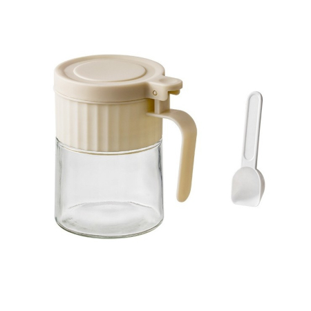 Suporturi și organizatoare de bucătărie - Recipient Condimente, Flippy, din Stilca, 180 ml, cu Maner si Lingurita, 10.6 x 7 x 7 cm, Capac Mat, Alb