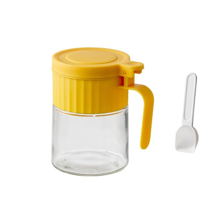 Suporturi și organizatoare de bucătărie - Recipient Condimente, Flippy, din Stilca, 180 ml, cu Maner si Lingurita, 10.6 x 7 x 7 cm, Capac Mat, Galben