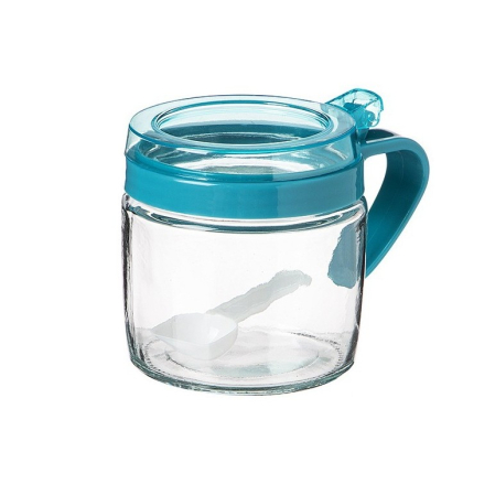 Suporturi și organizatoare de bucătărie - Recipient Condimente, Flippy, din Stilca, 180 ml, cu Maner si Lingurita, 8 x 9 cm, Capac Transparent, Albastru