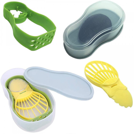 Ustensile de bucatarie - Recipient de Depozitare Avocado 5in1, Flippy, Etans, pentru Frigider, din Plastic, Dispozitiv de Taiat, Curatat, Feliat, 14x4x7 cm, Verde