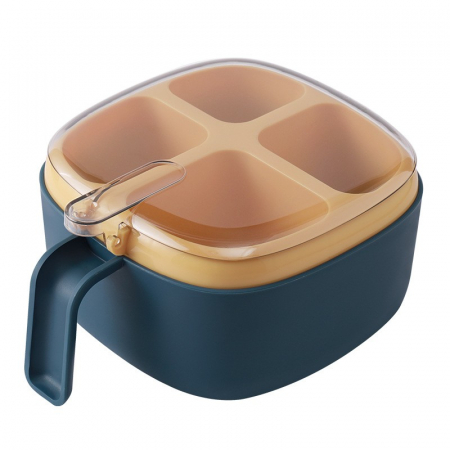 Pentru Casa si Camping - Recipient pentru condimente Flippy, 4 casute, potrivit pentru sare, cimbru, piper, condimente, 4 lingurite din plastic, capac din plastic, maner, 14x14x8 cm, albastru