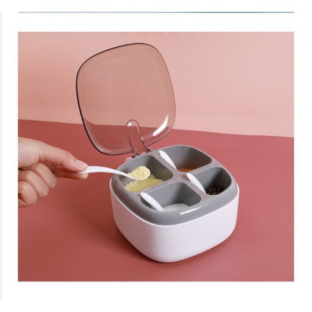 Recipient pentru condimente Flippy, 4 casute, potrivit pentru sare, cimbru, piper, condimente, 4 lingurite din plastic, capac din plastic, maner, 14x14x8 cm, alb [3]