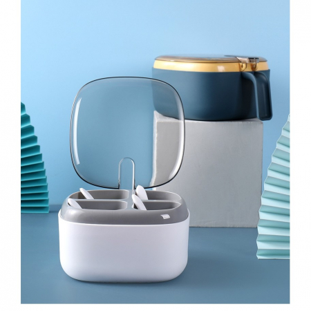 Recipient pentru condimente Flippy, 4 casute, potrivit pentru sare, cimbru, piper, condimente, 4 lingurite din plastic, capac din plastic, maner, 14x14x8 cm, alb [4]