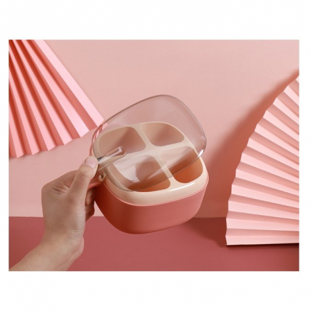 Recipient pentru condimente Flippy, 4 casute, potrivit pentru sare, cimbru, piper, condimente, 4 lingurite din plastic, capac din plastic, maner, 14x14x8 cm, roz [2]