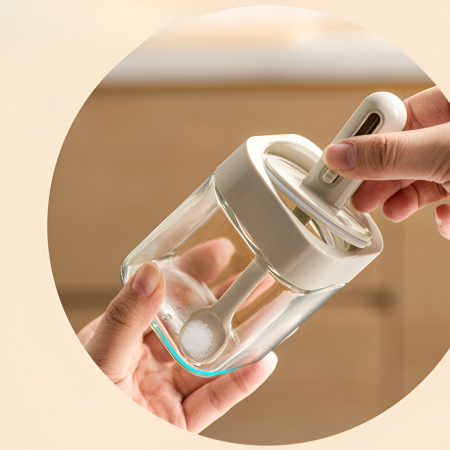 Recipient pentru Depozitarea Condimentelor, Flippy, Borcan din Sticla, Capac si Lingura Incorporate, Uz Casnic, 300 ml, 7.1x7.1x14.8 cm, Gri [3]