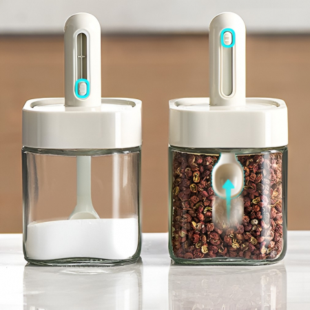 Recipient pentru Depozitarea Condimentelor, Flippy, Borcan din Sticla, Capac si Lingura Incorporate, Uz Casnic, 300 ml, 7.1x7.1x14.8 cm, Gri [8]