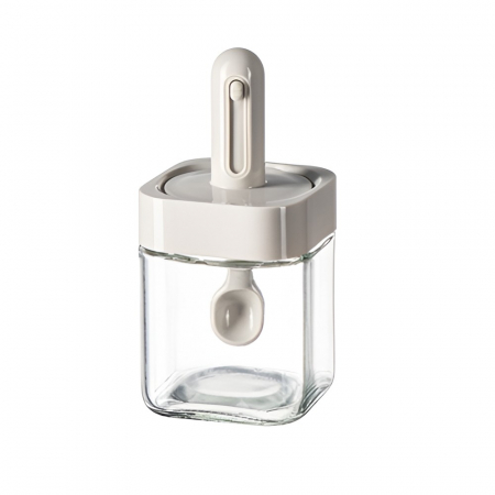 Ustensile de bucatarie - Recipient pentru Depozitarea Condimentelor, Flippy, Borcan din Sticla, Capac si Lingura Incorporate, Uz Casnic, 300 ml, 7.1x7.1x14.8 cm, Gri