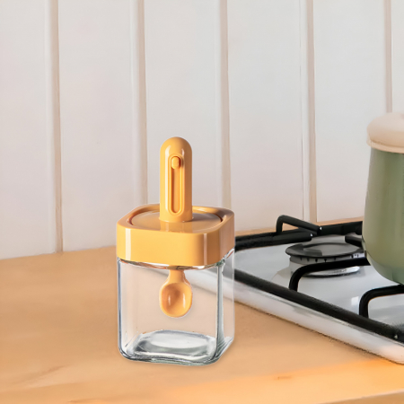 Recipient pentru Depozitarea Condimentelor, Flippy, Borcan din Sticla, Capac si Lingura Incorporate, Uz Casnic, 300 ml, 7.1x7.1x14.8 cm, Portocaliu [5]