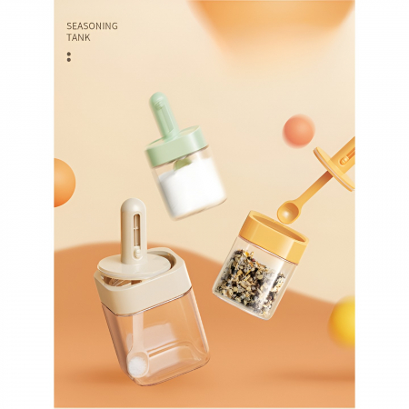 Recipient pentru Depozitarea Condimentelor, Flippy, Borcan din Sticla, Capac si Lingura Incorporate, Uz Casnic, 300 ml, 7.1x7.1x14.8 cm, Verde [4]